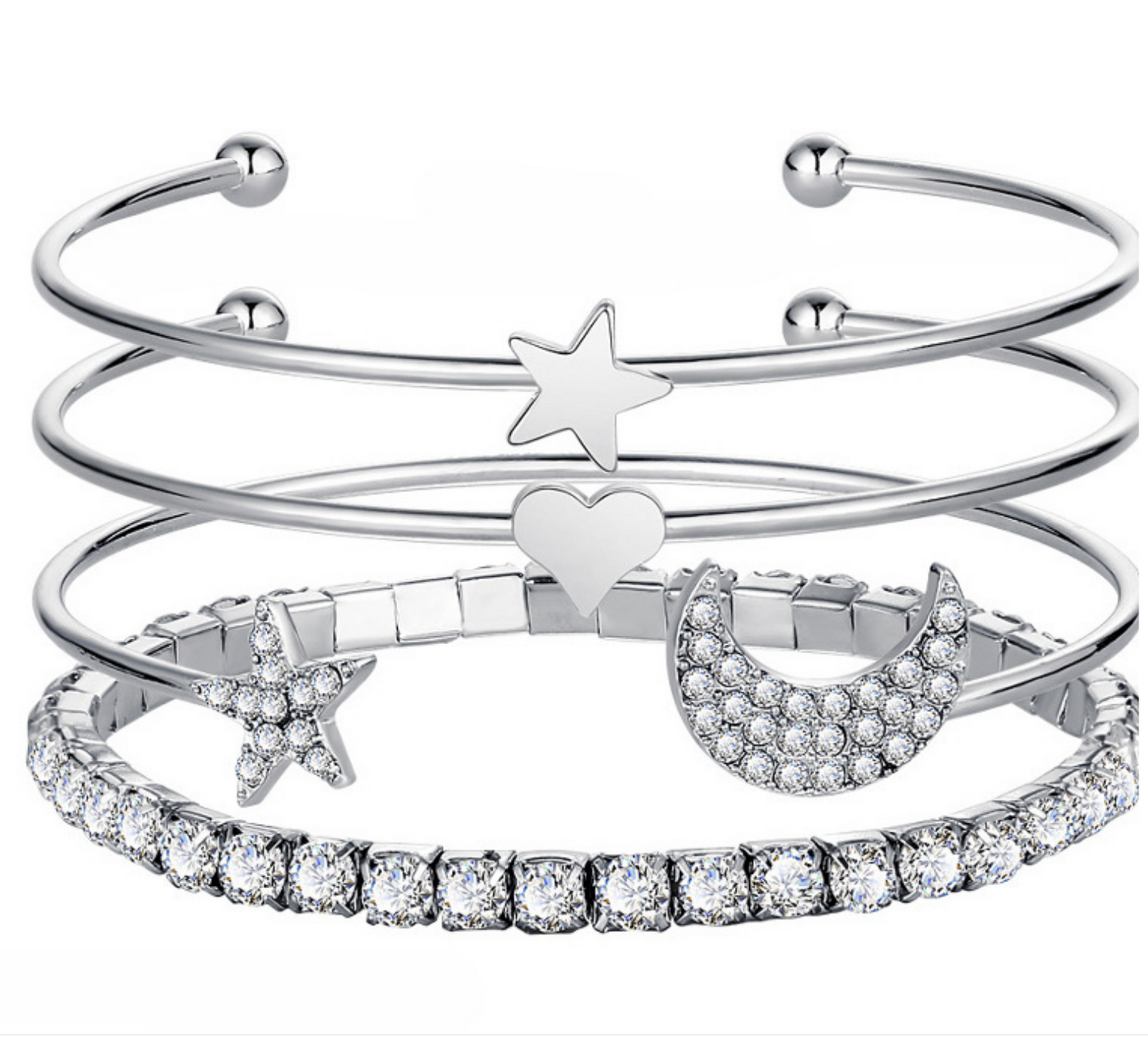 STAR AND MOON BANGLE 4 PIECE SILVER